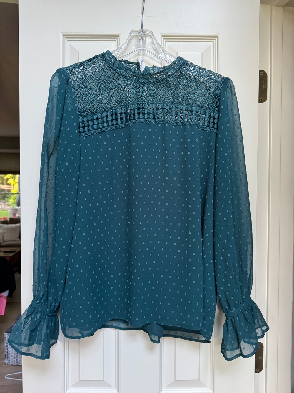 LOFT Teal Lace Yoke Long-Sleeve Blouse